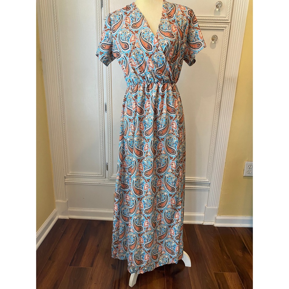 Blue Paisley V-Neck Maxi Dress Short Sleeve Elastic Waist Boho Summer Gown L